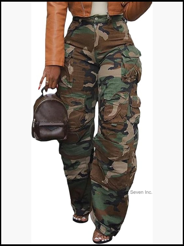 High Waisted Camo Cargo Jeans Wide Leg Baggy Trendy Denim Pants Multi Pockets